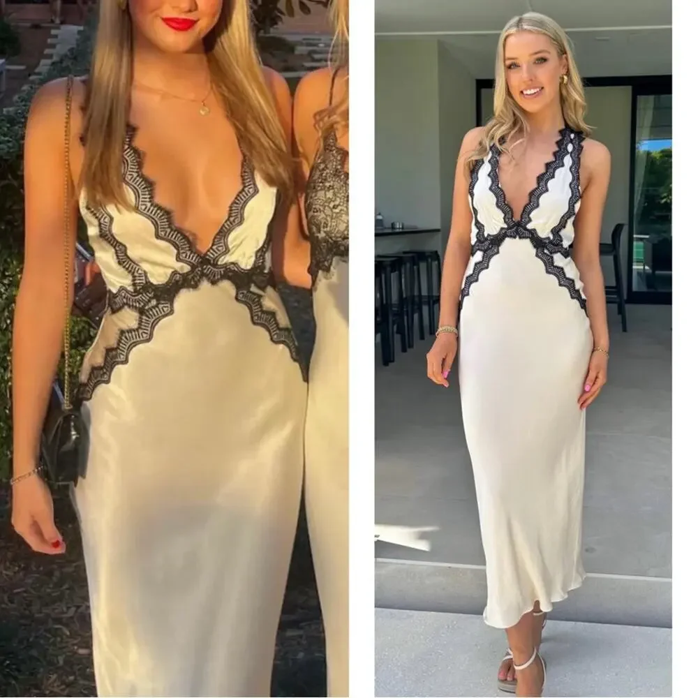 SHONA JOY Camille Lace Cross Back Midi Dress in Cream & Black Size 0 - Picture 4 of 12